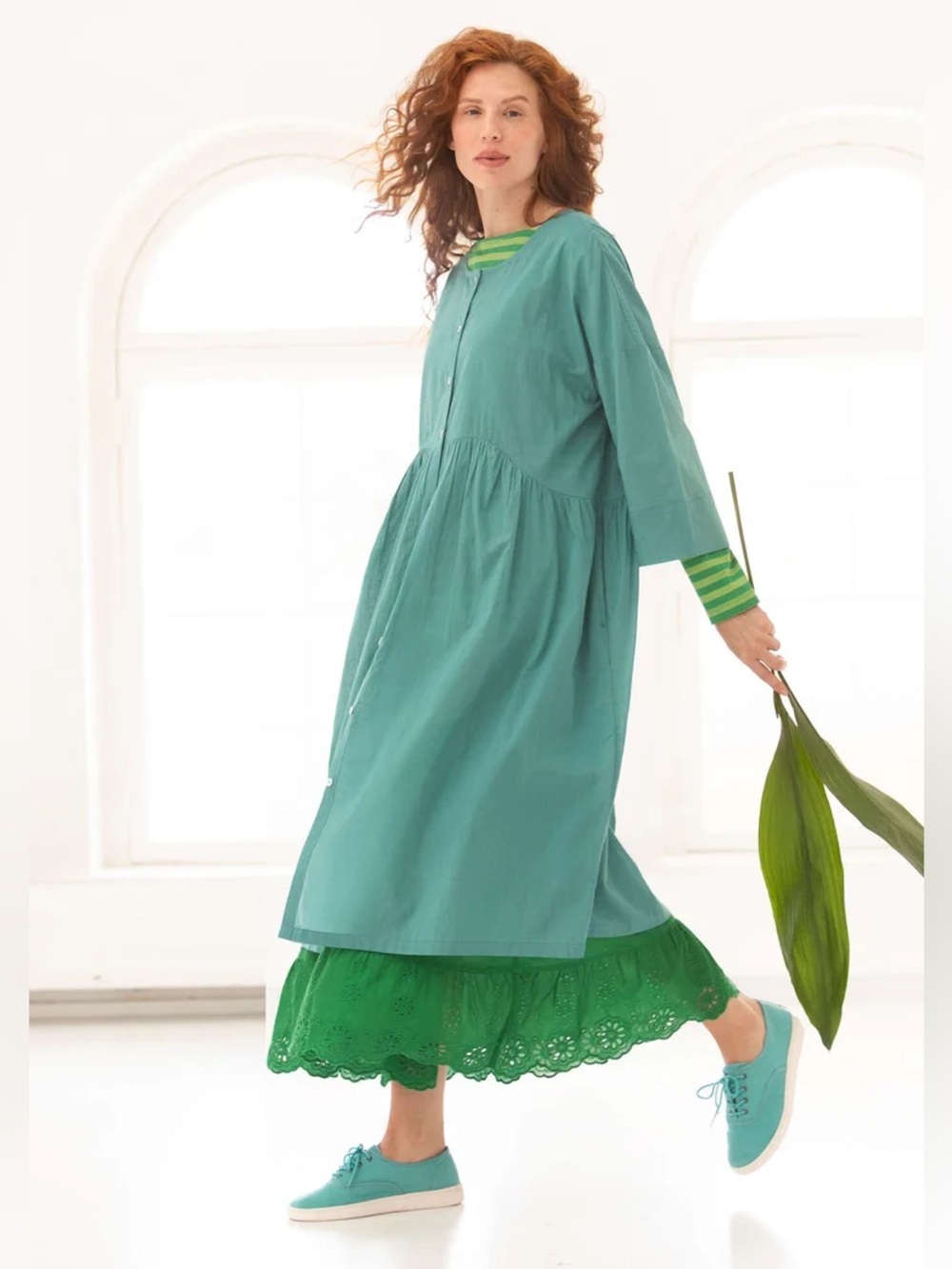 Gudrun Sjoden Dress green Agnes Teal Bracelet Sleeve Tiered Midi button front L - Picture 3 of 11